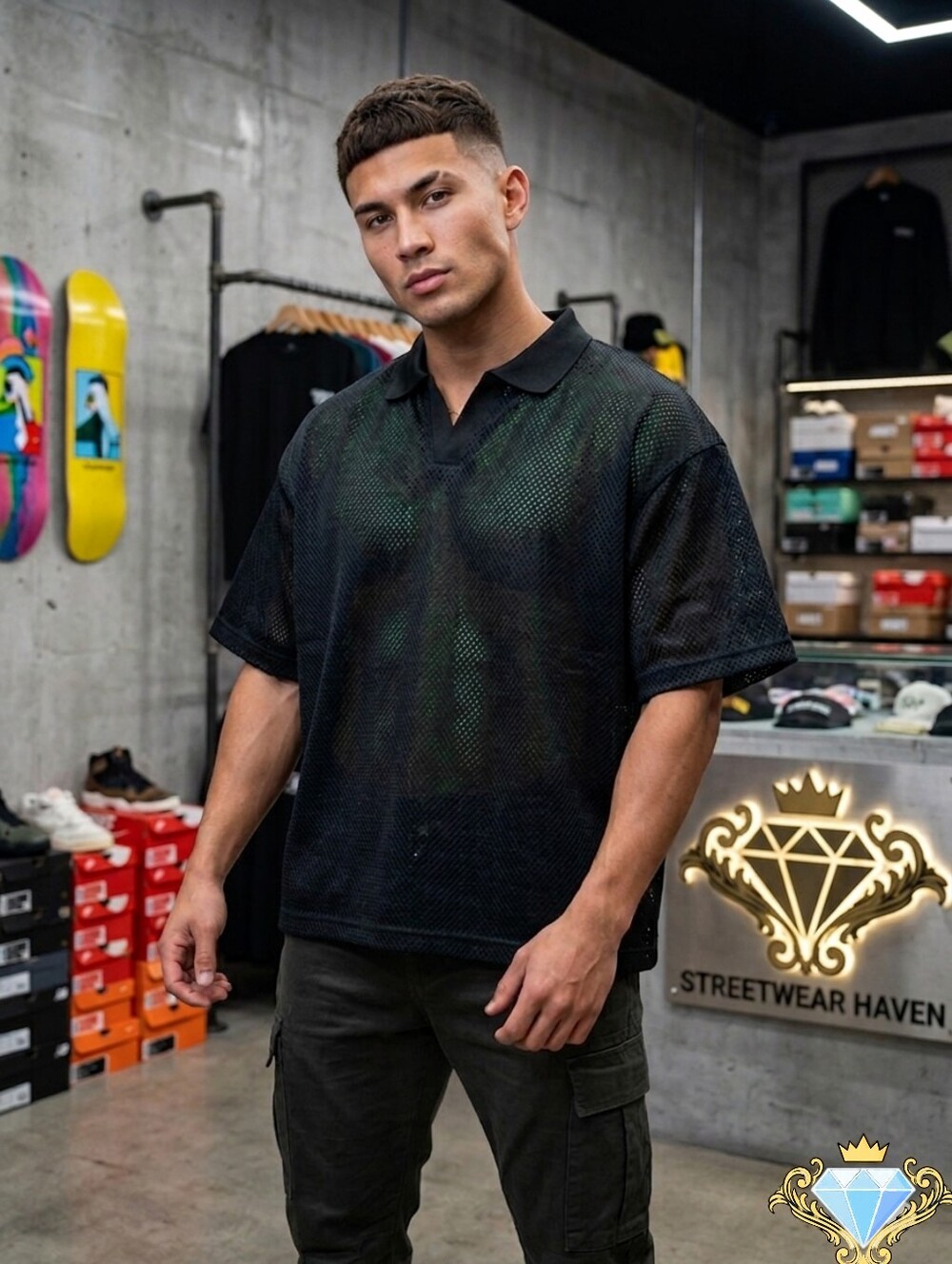SUMWON x SHEIN Men's Mesh Open Collar Boxy Polo Tee - Size L Streetwear